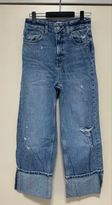ZARA 데님 크러쉬 가공 롤업 롱 바지 36
