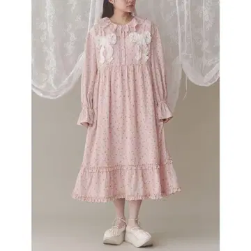 메리제니 flower 프릴 리본 원피스 핑크 꽃무늬