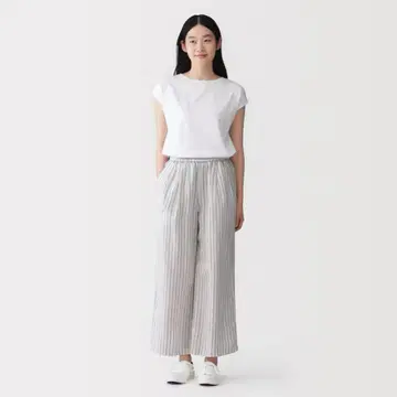 여성 린넨 워싱 이지 와이드 팬츠 오프화이트 스트라이프