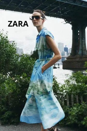 ZARA 자라 풍경 패턴 프린트 셔츠 원피스 벨트 포함 회화 슬리브리스