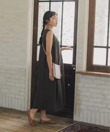 nestrobe * 시미즈 미사토 씨 별주* 린넨 크루넥 리본 드레스