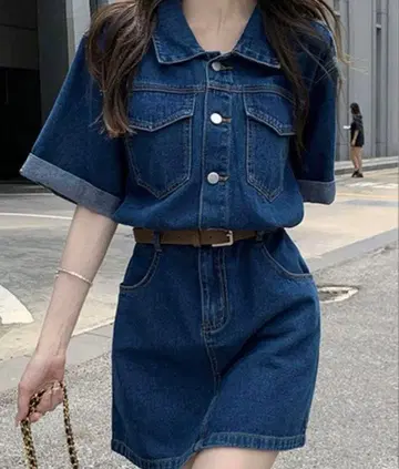 반팔 롤업 데님 미니 원피스