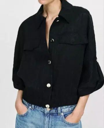 ZARA 사파리 롤업 슬리브 블라우스 블랙 XS