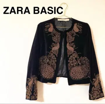 ZARA BASIC 벨벳 노카라 자켓 비즈 자수 블랙 S