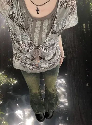 페어리 그런지 모리걸 꽃 풀 그레이 시스루 비침 상의