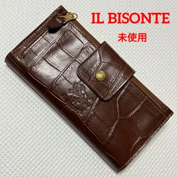미사용 IL BISONTE 일비종떼 가죽 장지갑 악어 엠보싱 다크 브라운