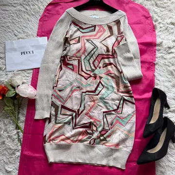 EMILIO PUCCI 니트 원피스 푸치 패턴 긴팔 베이지 무릎 위 기장