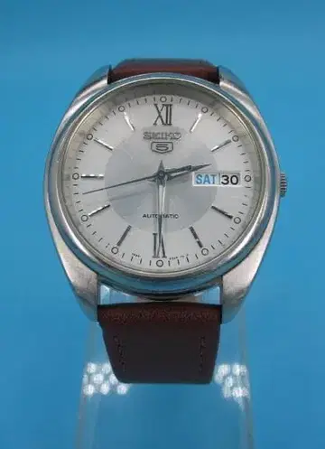 SEIKO 5 자동 시계 실버 다이얼 브라운 가죽 벨트