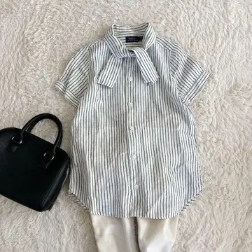 최근 모델 폴로 랄프로렌 린넨 소재 스트라이프 보타이 블라우스