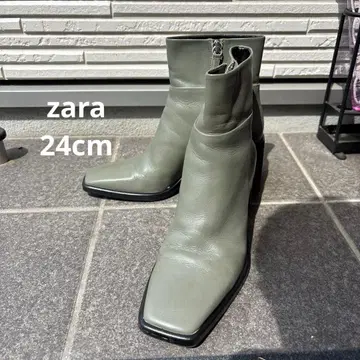 ZARA 천연 가죽 숏부츠 스퀘어토 카키 24cm