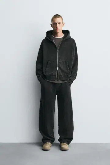 ZARA 남성용 워시 가공 지퍼 사양 후디 그레이쉬