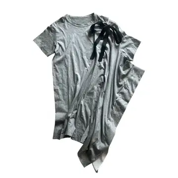sacai 사카이 비대칭 튜닉 반팔 티셔츠 그레이 리본