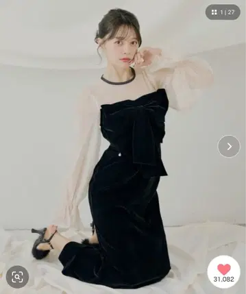 SALON by Chico 배색 시어 리본 벨로아 원피스/포멀