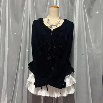 다크코어 프릴 가디건 레이스 리본 고딕 지뢰계 그런지 Y2K 블랙