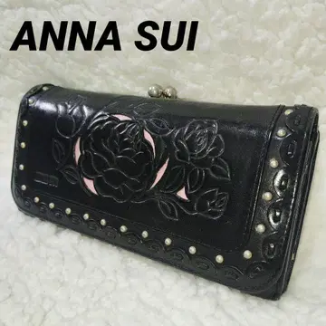 ANNA SUI 안나수이 장지갑 블랙 가죽 꽃무늬 가마구치 여성용