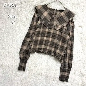 선취 세일 ZARA 체크 무늬 블라우스 셔링 크롭 기장 긴팔 M