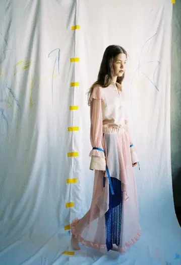 YUKI SHIMANE 시어 블라우스 리본 핑크 새틴 프리 사이즈