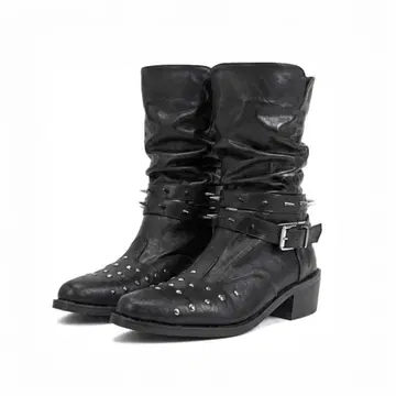 Leather Studs Pointed Toe Heel Boots
