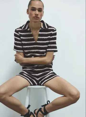 H&M 크로셰 니트 폴로 셔츠 팬츠 보더 반팔 셋업
