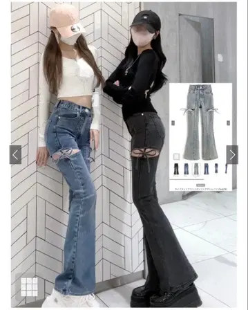 사이드 컷 아웃 리본 플레어 데님 팬츠 [Cu578]