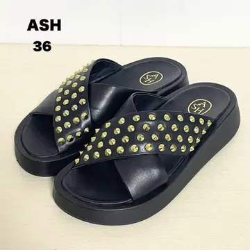 ASH 크로스 스트랩 샌들 스터드 통굽 블랙 가죽 36
