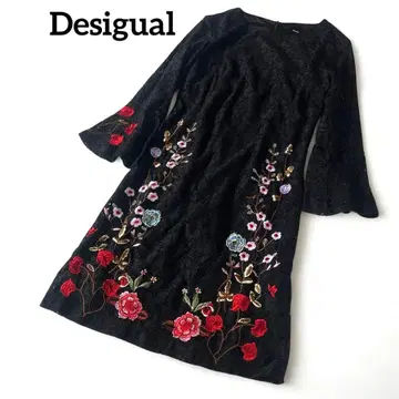 Desigual 자수 레이스 꽃무늬 원피스 블랙 전체 레이스 34