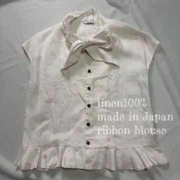 [새상품급] MANON 린넨 100% 리본 블라우스 반팔 일본제