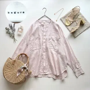 kagure 25SS 린넨 W 포켓 와이드 셔츠 긴팔 블라우스 핑크