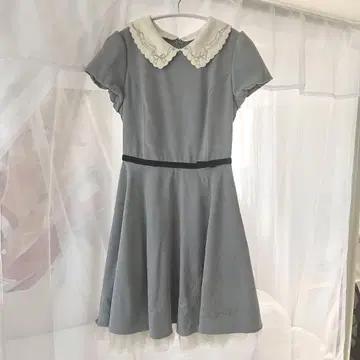 시크릿 허니 카라 부착 반팔 원피스 블루 그레이 자수