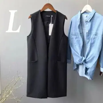 여름 L 새상품 롱베스트 블랙 노카라 체형 커버 겉옷 여성용