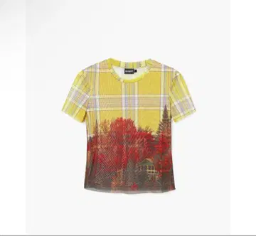 Desigual 체크 랜드스케이프 미니 기장 프린트 티셔츠