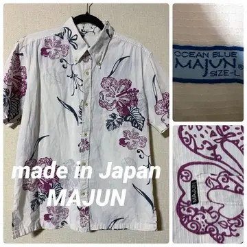 MAJUN 남성용 L 반팔 셔츠 카리유시 셔츠 알로하 셔츠 히비스커스 꽃