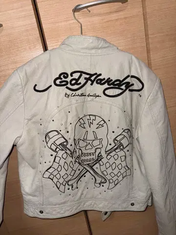Ed Hardy 가죽 라이더 자켓 스컬 자수