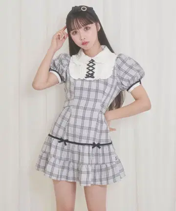 허니시나몬 포인트 리본 체크 원피스 그레이