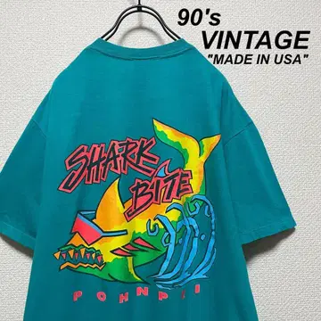 USA제 90s 빈티지 샤크 T셔츠 백 프린트 터콰이즈 컬러