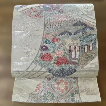 순수 실크 후쿠로 오비 마키에 화조문