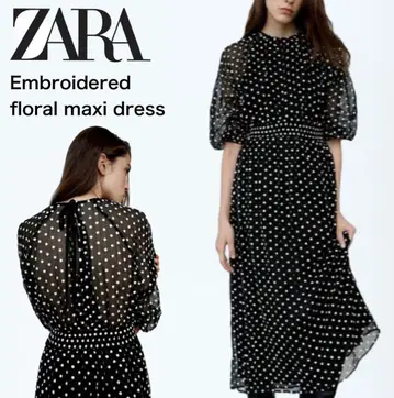 ZARA 완판템 꽃무늬 자수 시스루 쉬폰 롱 원피스 블랙 허리밴딩