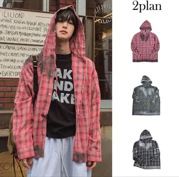 2plan 후드 부착 체크 셔츠