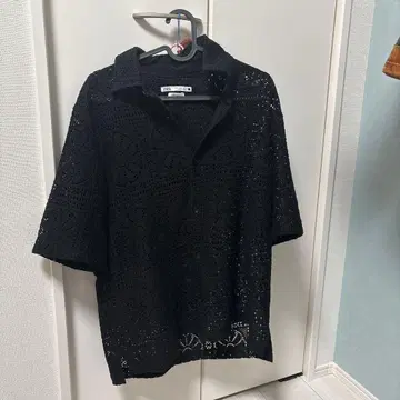 ZARA 레이스 편직 반팔 오픈 카라 셔츠 블랙 M 사이즈
