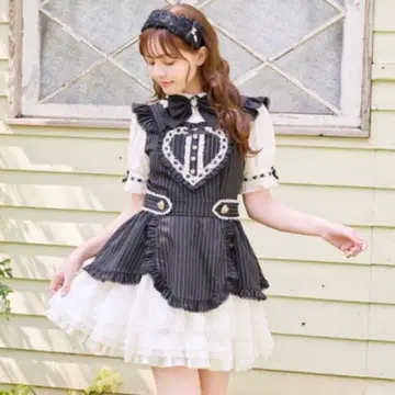 LIZLISA 하트 에이프런 원피스 블랙 스트라이프