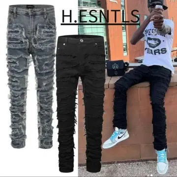 H.ESNTLS 스키니 데미지 진 프린지 스트릿