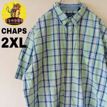 USA 구제 의류 CHAPS 반팔 버튼 셔츠 2XL 그린 블루 체크