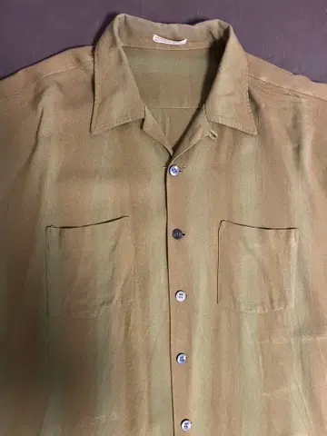 60s XL 레이온 셔츠 섀도우 스트라이프 오픈 카라 긴팔 올리브