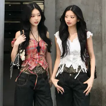 [당일 발송] emmy 더블 셔링 프릴 블라우스 체크 한국 여름 유니폼