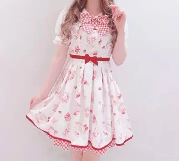 LIZLISA 스트로베리 티 파티 원피스 딸기 무늬 화이트