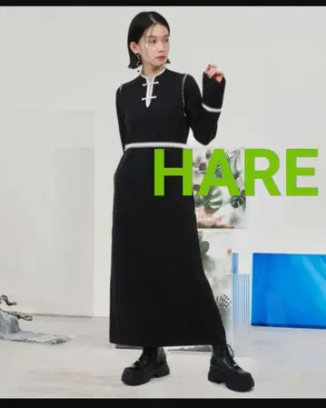 HARE 차이나 버튼 니트 원피스 블랙 중화 하레