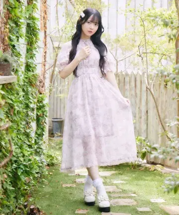 ROJITA 꽃무늬 롱 원피스 레이스 프릴 리본 양산형 지뢰계