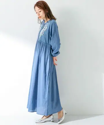 써니 라벨 에어리 코튼 자수 원피스 블루