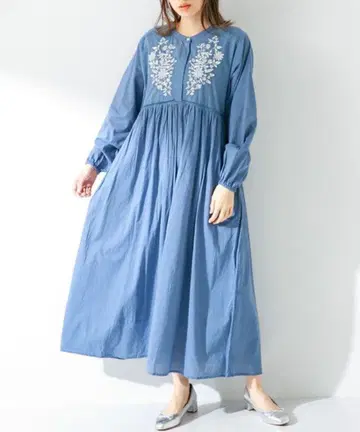 써니 라벨 에어리 코튼 자수 원피스 블루