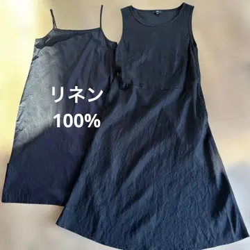 새상품급 DHC 린넨 100% 슬리브리스 롱 원피스 이너 포함 M 블랙